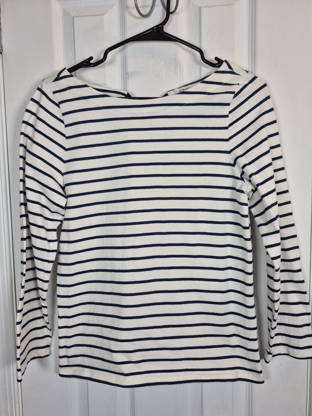 J.Crew Navy White Striped Boatneck Top Open Back Bow Navy Breton Sailor Preppy S